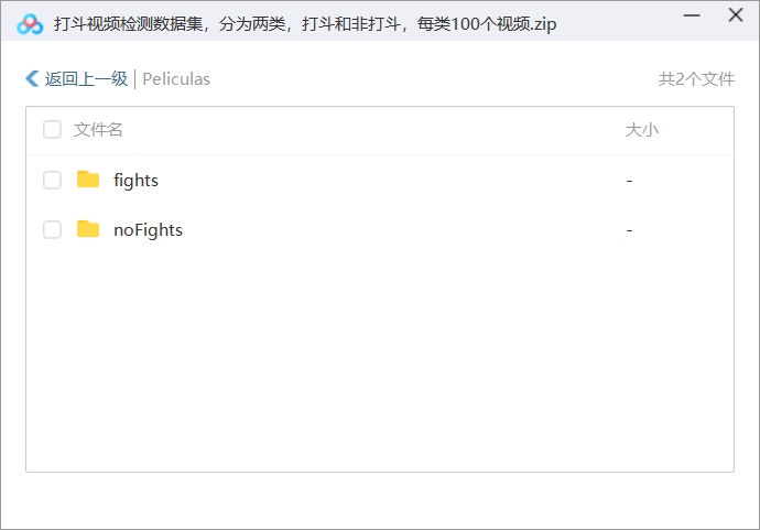打斗视频检测数据集，分为两类，打斗和非打斗，每类100个视频