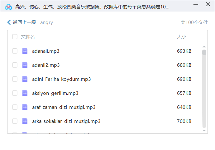 高兴、伤心、生气、放松四类音乐数据集。数据库中的每个类总共确定100首音乐作品，使每个类的样本数量相等。原始数据集中有400个样本，每个样本间隔30秒。