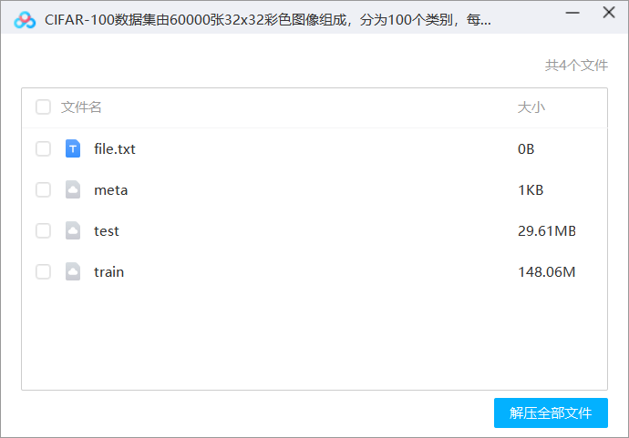 CIFAR-100数据集由60000张32×32彩色图像组成,分为100个类别,每个类别600张图像。CIFAR-100中的100个类被分为20个超类。每个图像都有一个“fine”标签(它所属的类)和一个“coarse”标签(它所属的超类)。有50000张训练图片和10000张测试图片。元文件包含每个类和超类的标签名。