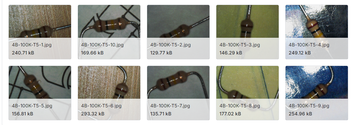 用USB显微镜拍摄的4和5波段电阻的图像数据集